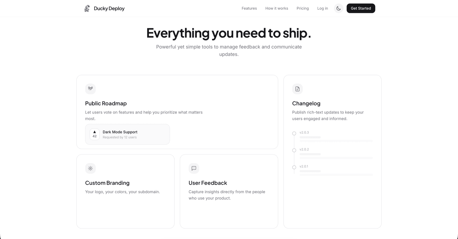 Ducky Deploy marketing page listing public roadmap, changelog, custom branding and user feedback features