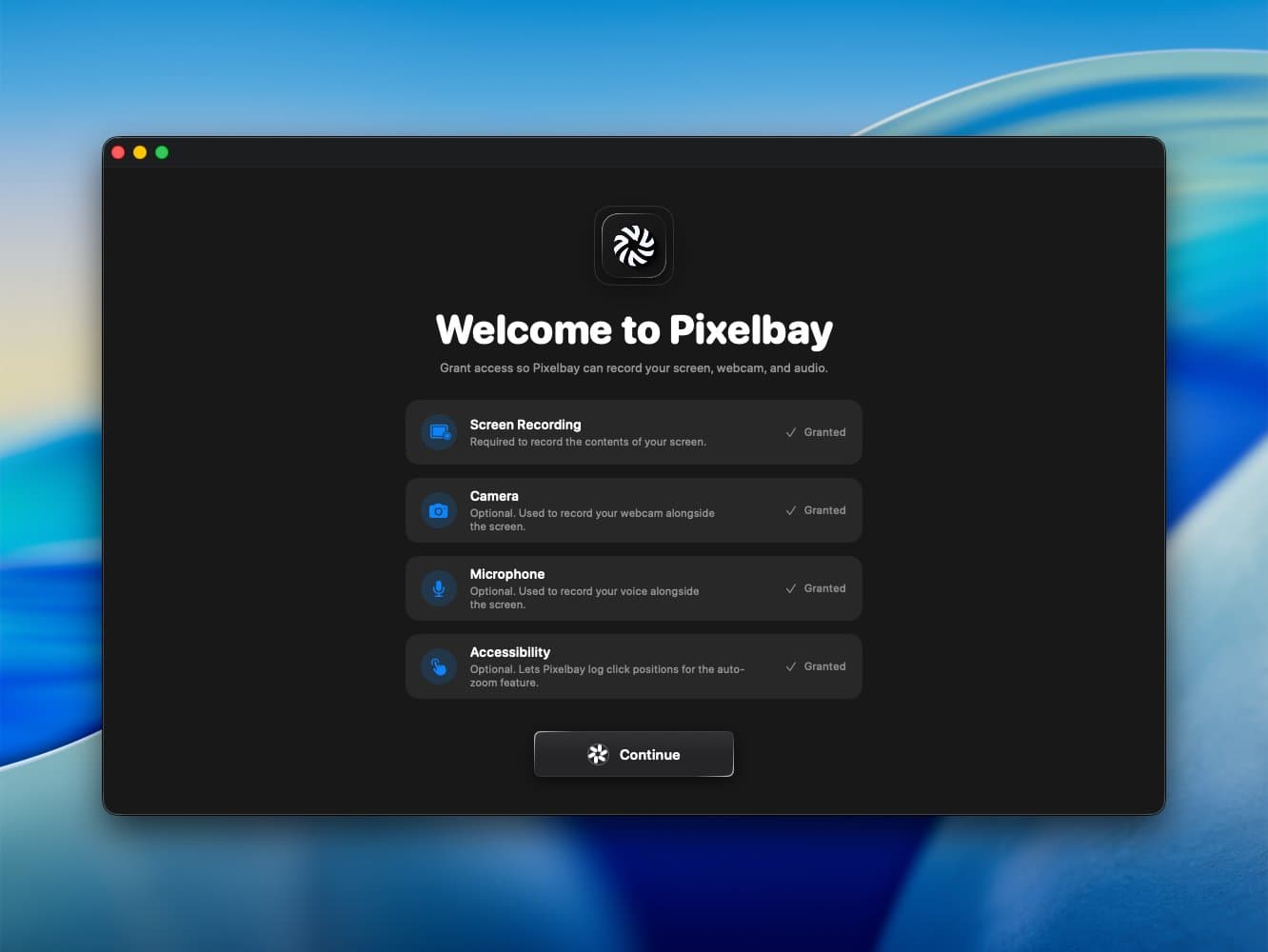 PixelBay onboarding window asking for screen recording, camera, microphone and accessibility permissions